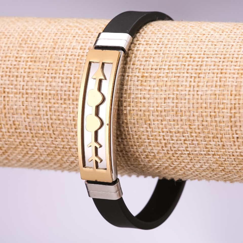 Men's rubber bracelet with Heart plate, length 20 cm, thickness 10 mm, color 'gold', 'rhodium'