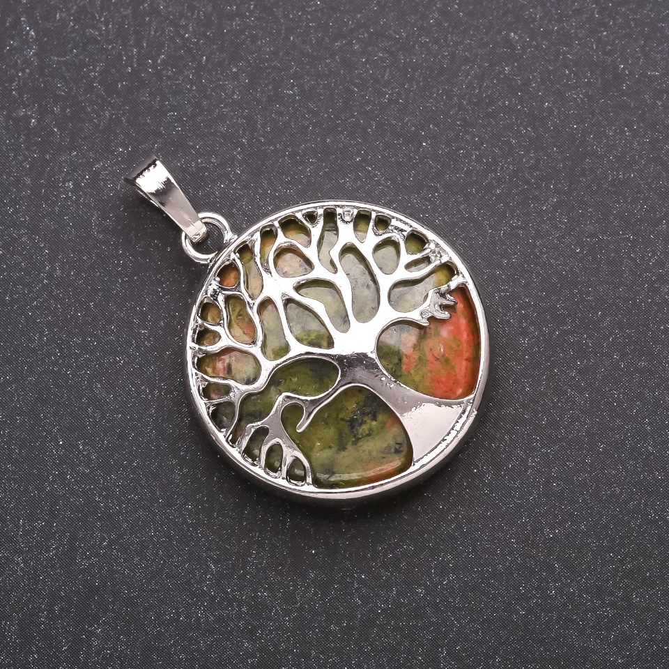 Pendant made of natural Unakite heliotrope in a wooden frame 'Tree', diameter 27mm
