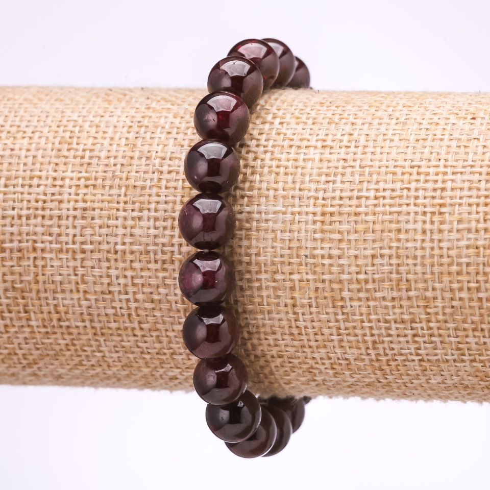 Garnet Stone Bracelet with Smooth Bead, Diameter 8.5 mm, Length 18 cm on Elastic