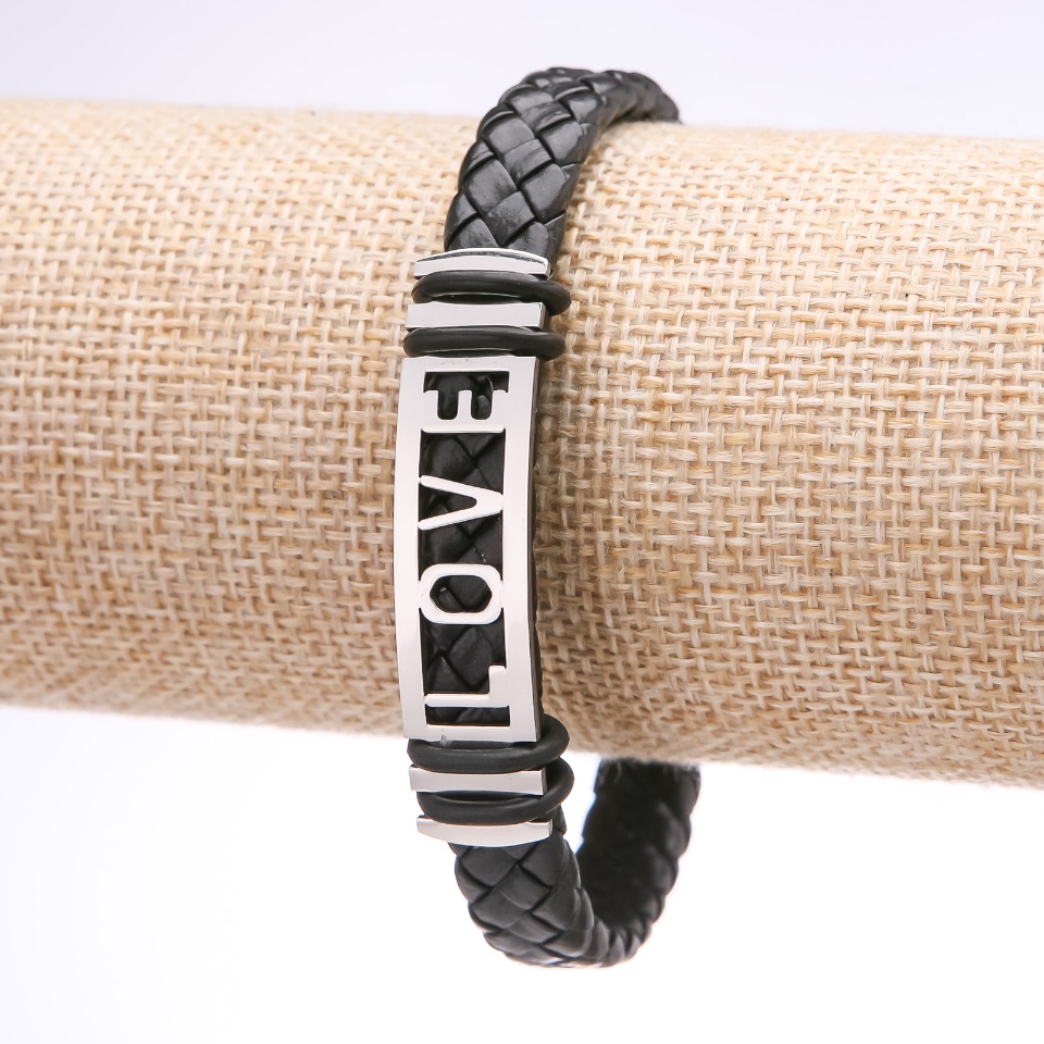 Unisex LOVE eco-leather braided steel plate bracelet, thickness 12mm, length 20cm
