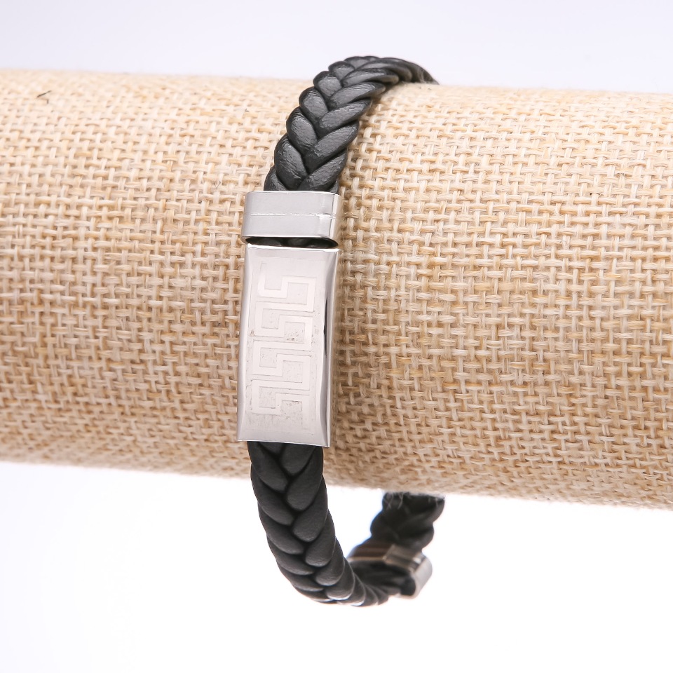 Unisex Bracelet with Greek Ornament, Eco-Leather Braided, Steel Plate, Thickness 12 mm, Length 20 cm