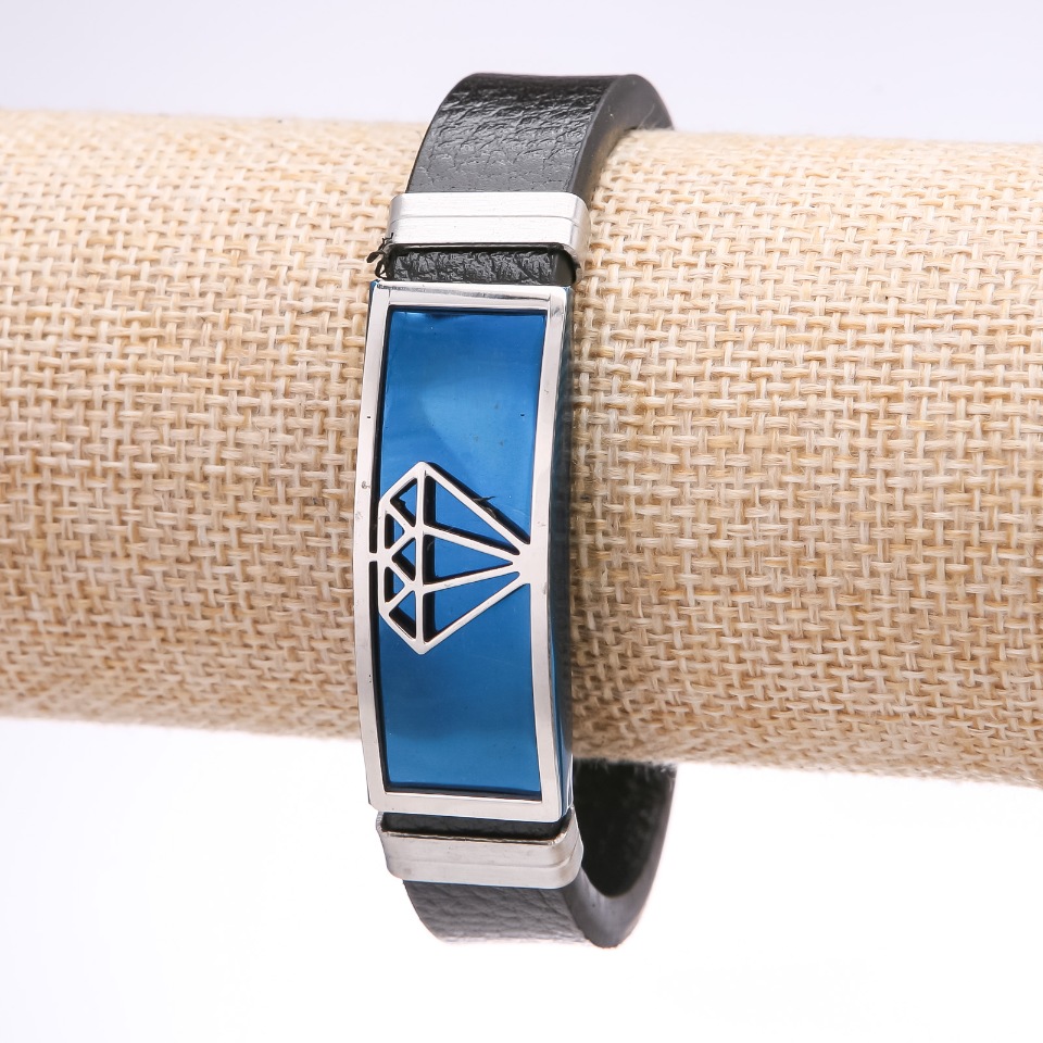 Браслет чоловічий Діамант еко шкіра широкий сталева планка синя, товщина 14-16мм, довжина 20см