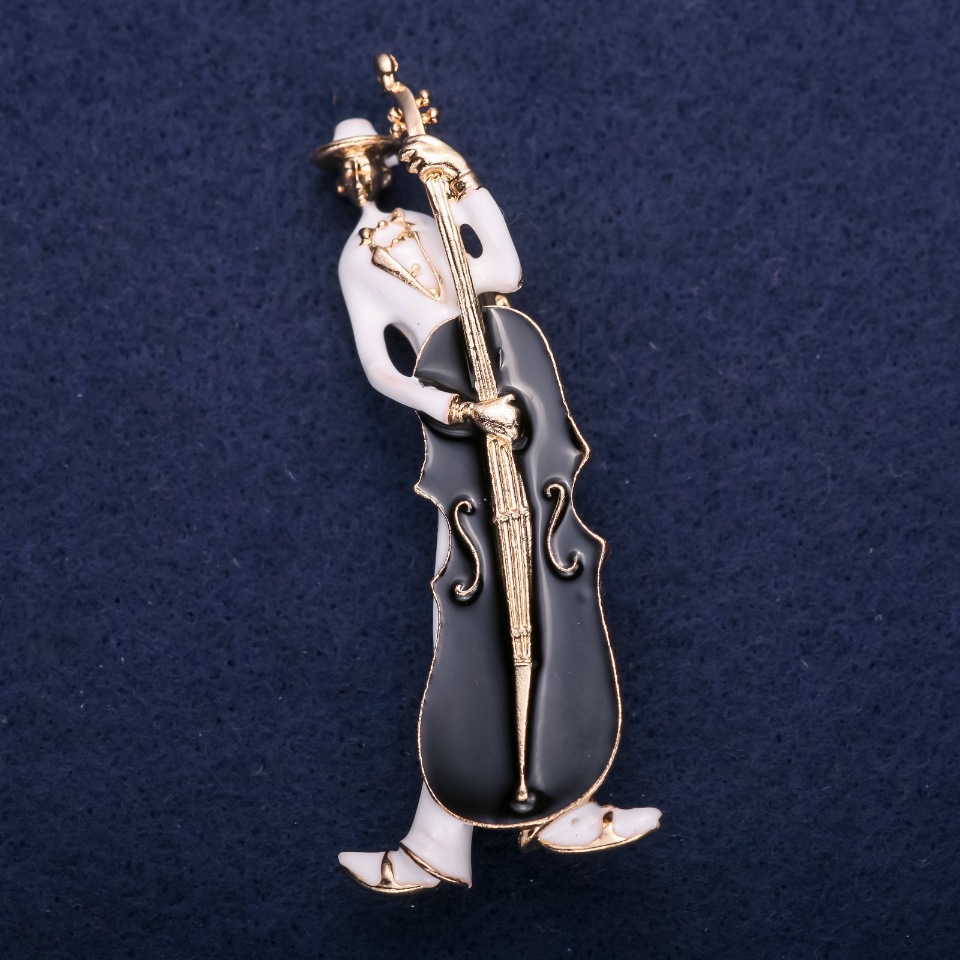 Musician Brooch in White and Black Enamel, 67x26 mm, yellow metal