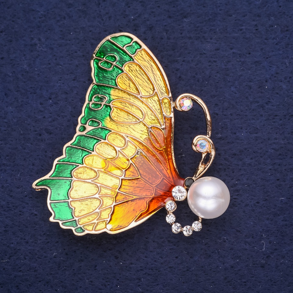 Butterfly Brooch with White Crystals, Green Enamel, Gold-Tone Metal, 49x45 mm