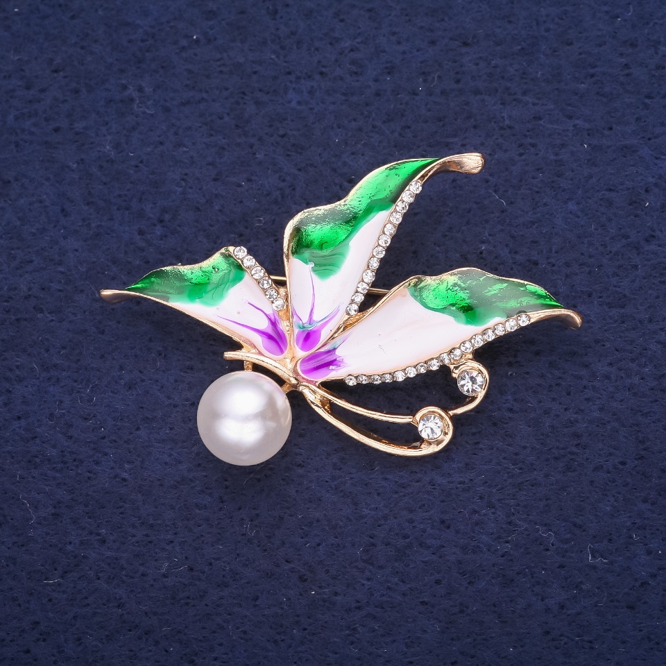 Brooch 'Butterfly' with white crystals, enamel, green, white and lilac colors, with pearl bead, 40x30 mm, yellow metal