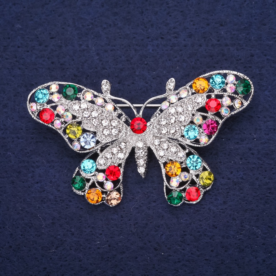 Butterfly Brooch with Crystals in Red, Blue, Pink, Green, Raspberry, and White; 57×34 mm; Silver-Toned Metal