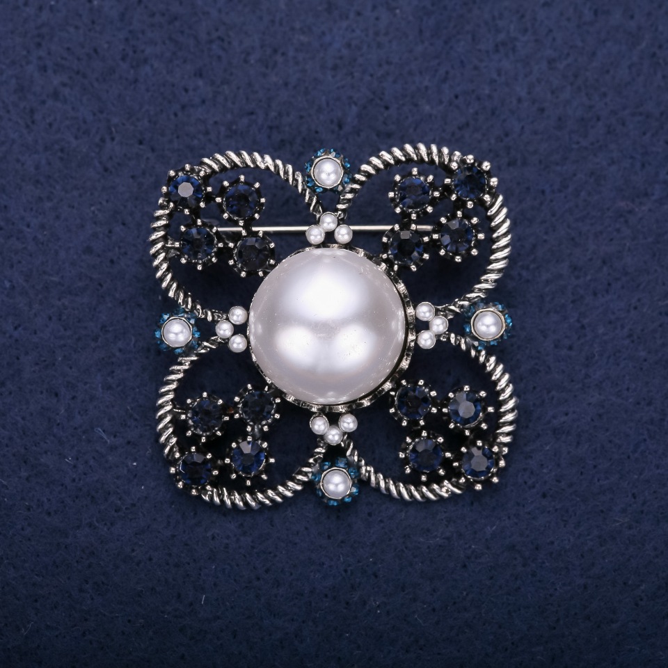 Brooch 'Order of Beauty' with pearl bead embroidery and crystals, color white, gray, white, 42x51 mm, silver-tone metal