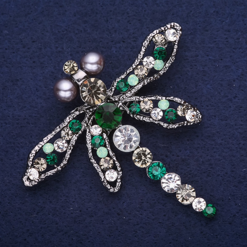 Large dragonfly brooch with rhinestones in green, gray, and white, 65x69 mm, silver-colored metal