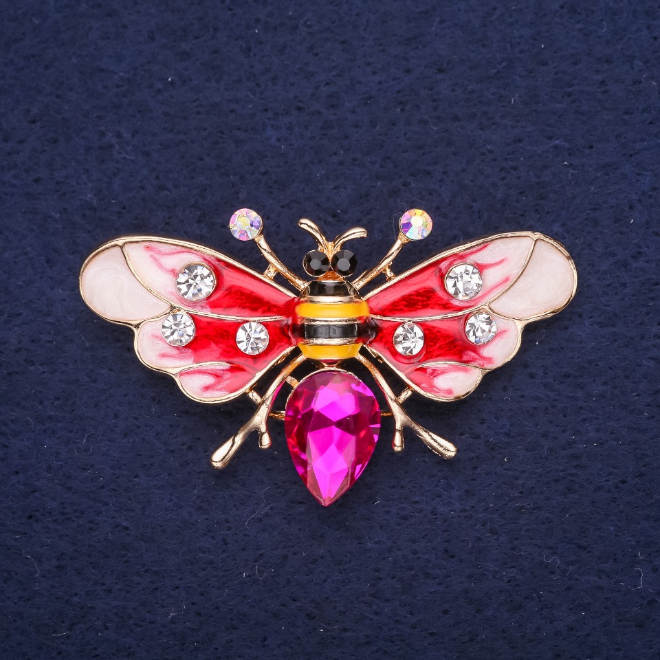 Brooch 'Butterfly-Bee' with Crystals, Enamel, and Stone, Red, White, Yellow, Black, Raspberry, 53×30 mm, Gold-Tone Metal