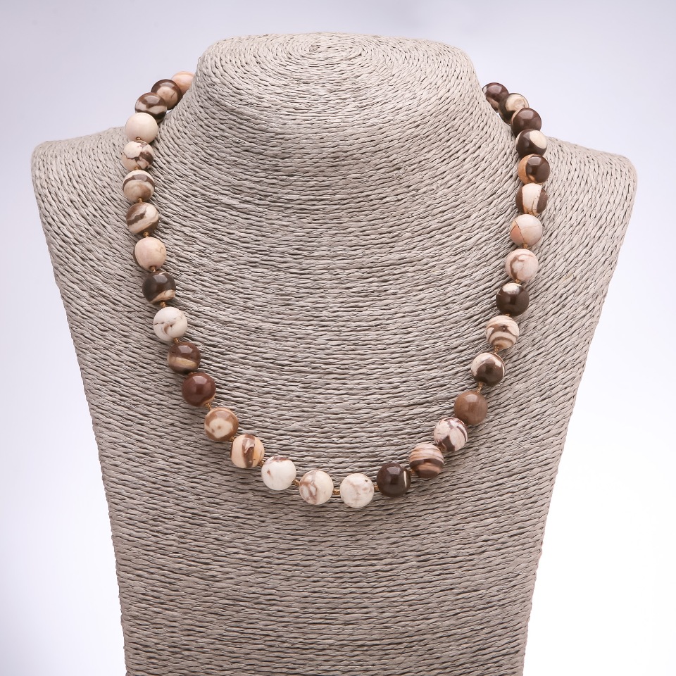 Beaded Zebra Jasper Necklace, smooth beads, 10 mm diameter, 48 cm length
