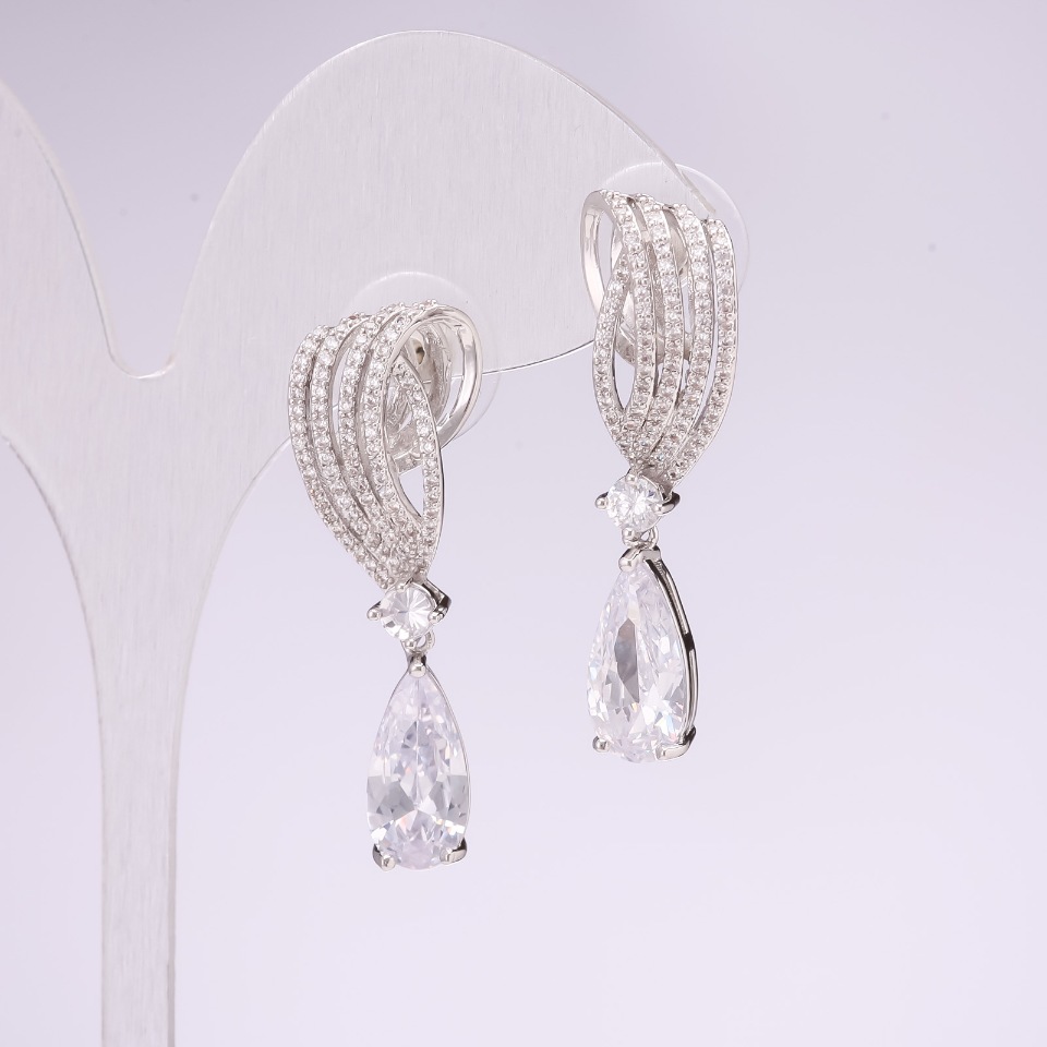 Evening earrings, 925 series with stones, white color, 38x10 mm, silver-toned metal