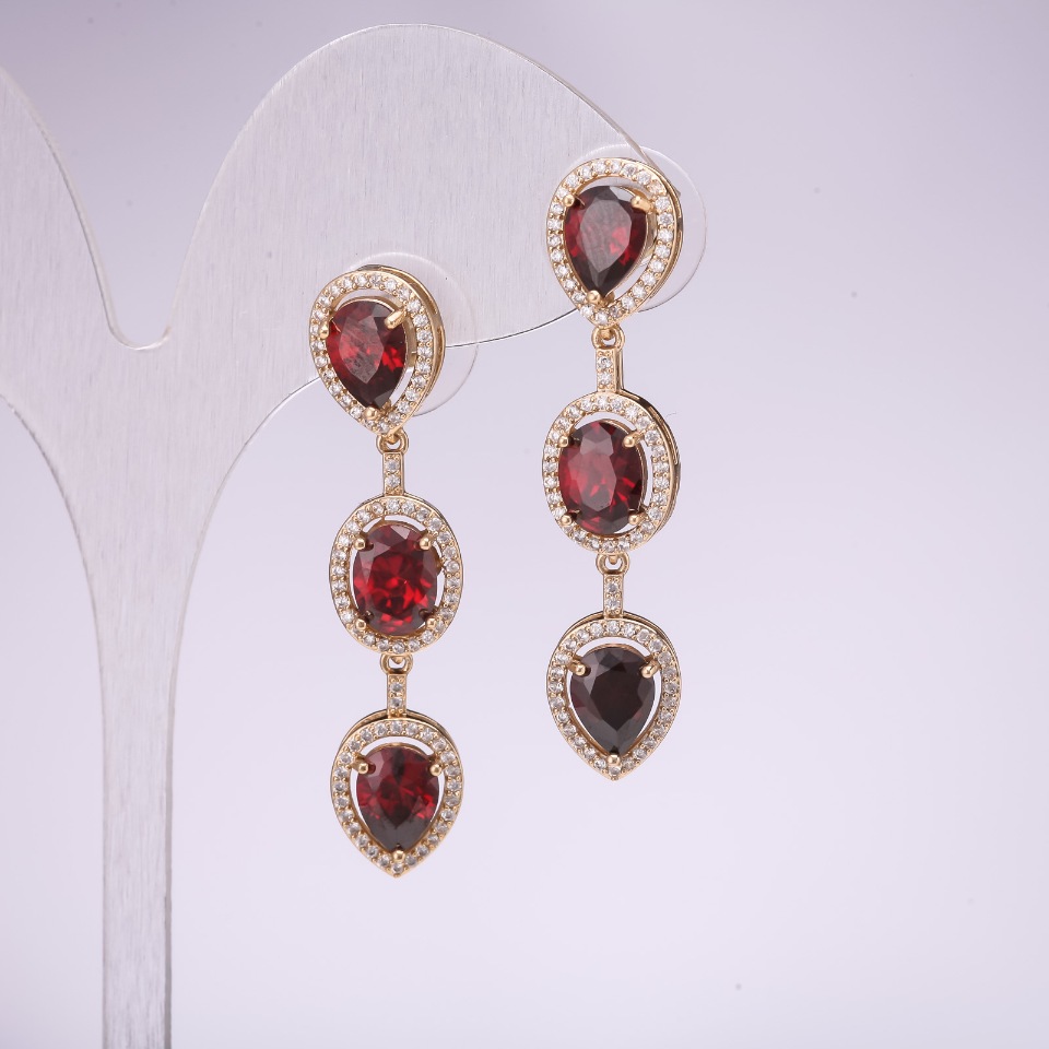 Evening Earrings, 925 Series with Red Stones, 45x10 mm, Gold-tone Metal