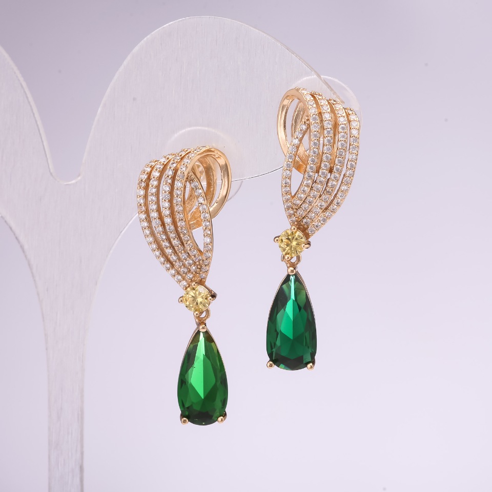 Evening earrings, 925 series with green stones, 38x12 mm, gold-tone metal
