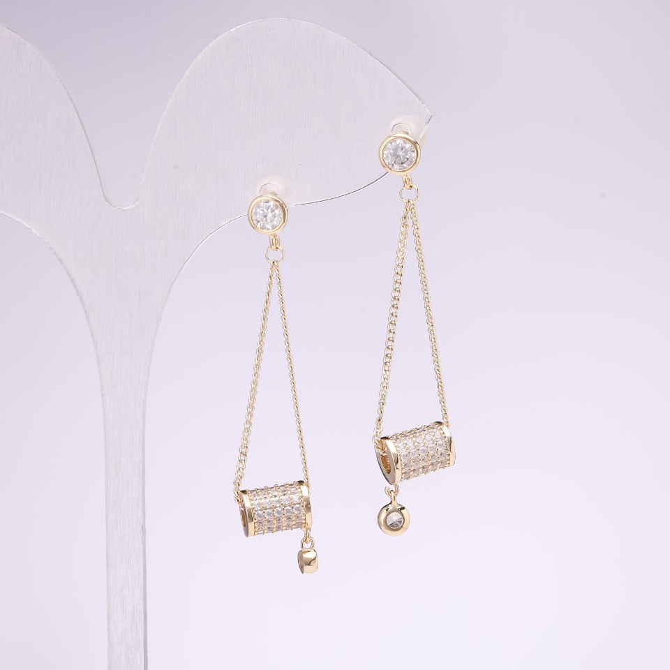 925 Series Drop Earrings with White Crystals, 48x9 mm, Gold-Toned Metal