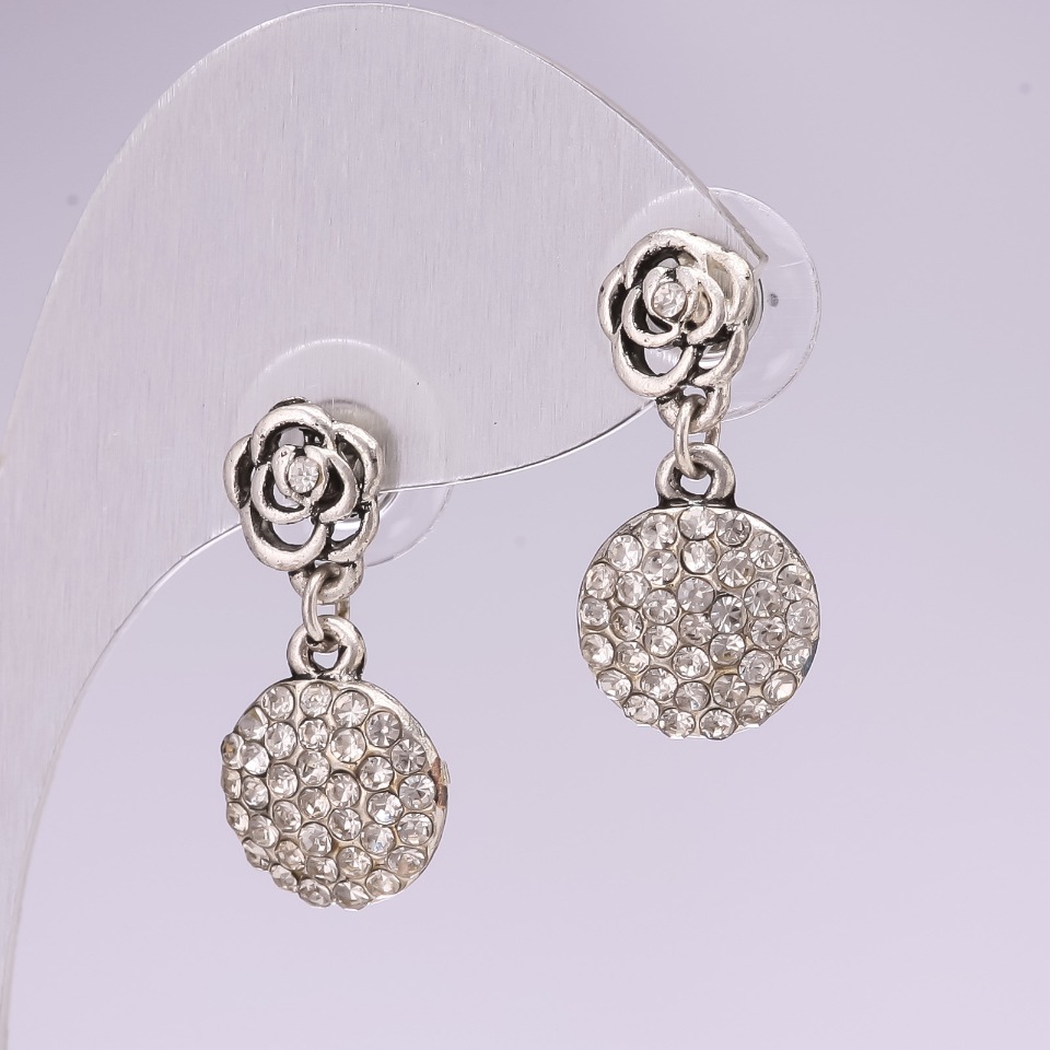 Stud Earrings 'Roses' with White Rhinestones, 12x25 mm, Silver-Toned Metal