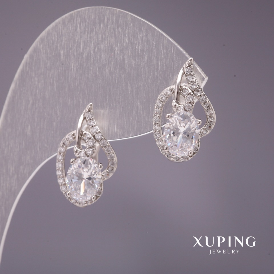 Xuping Earrings with White Stone, 18x11 mm Rhodium