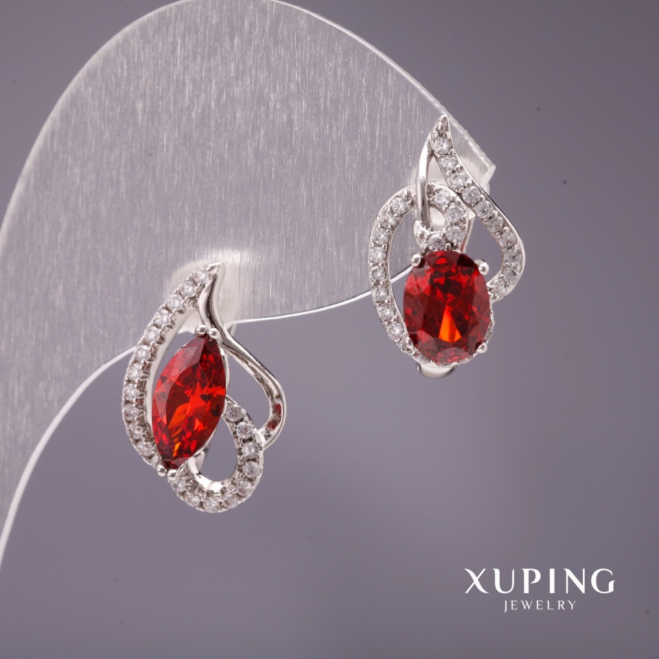 Xuping Asymmetric Earrings with Red Stone, 18x11 mm, Rhodium