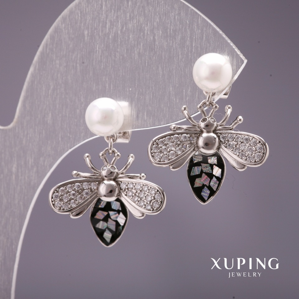 Xuping Bees Stud Earrings with Mallorca Pearls, White, 22x18 mm, Rhodium