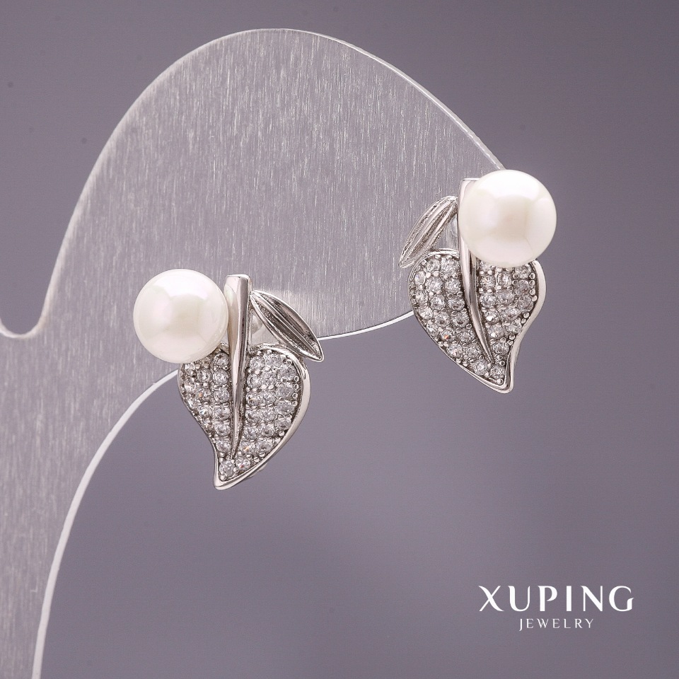 Earrings Xuping Mallorca Pearl Leaves, white, 17x13mm, rhodium-plated