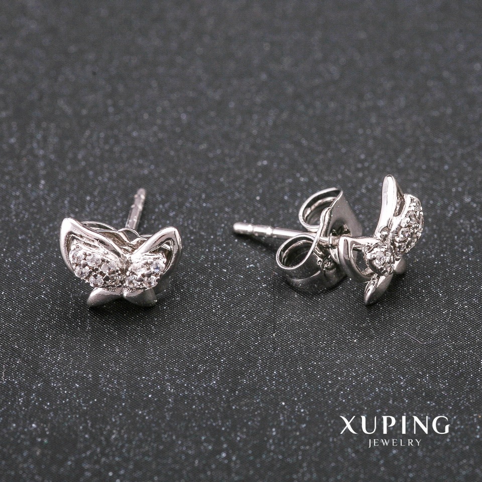 Xuping Butterfly Stud Earrings with Crystals, White Rhodium, 9×7 mm