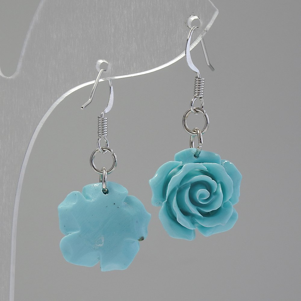 Drop Earrings 'Rose-1.5' blue polymer clay, silver-tone metal, 35 × 15 mm