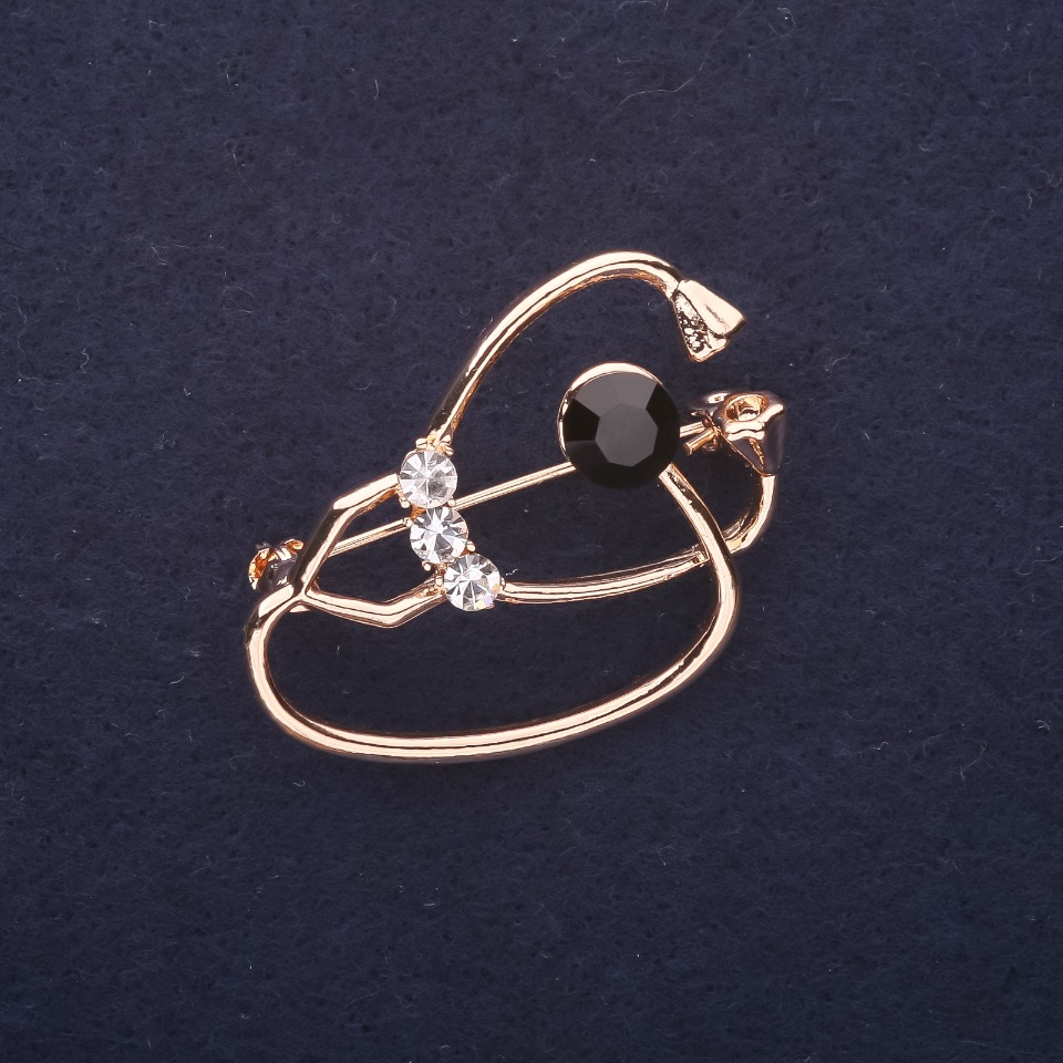 Brooch Stethoscope with Crystals, Black and White, 37×26 mm, Gold-tone Metal