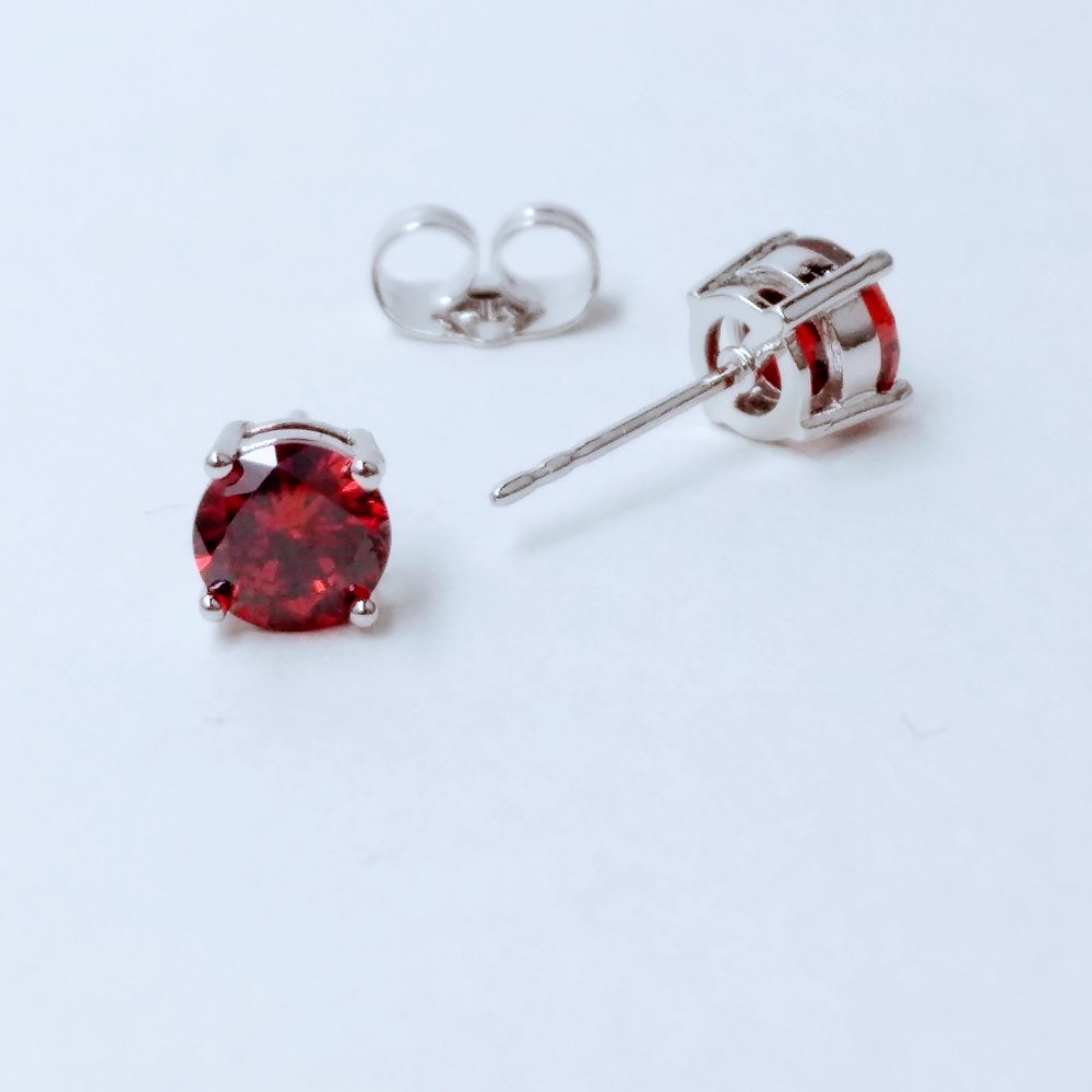 Xuping Stud Earrings with Red Stone, 6mm Diameter, Rhodium-Plated