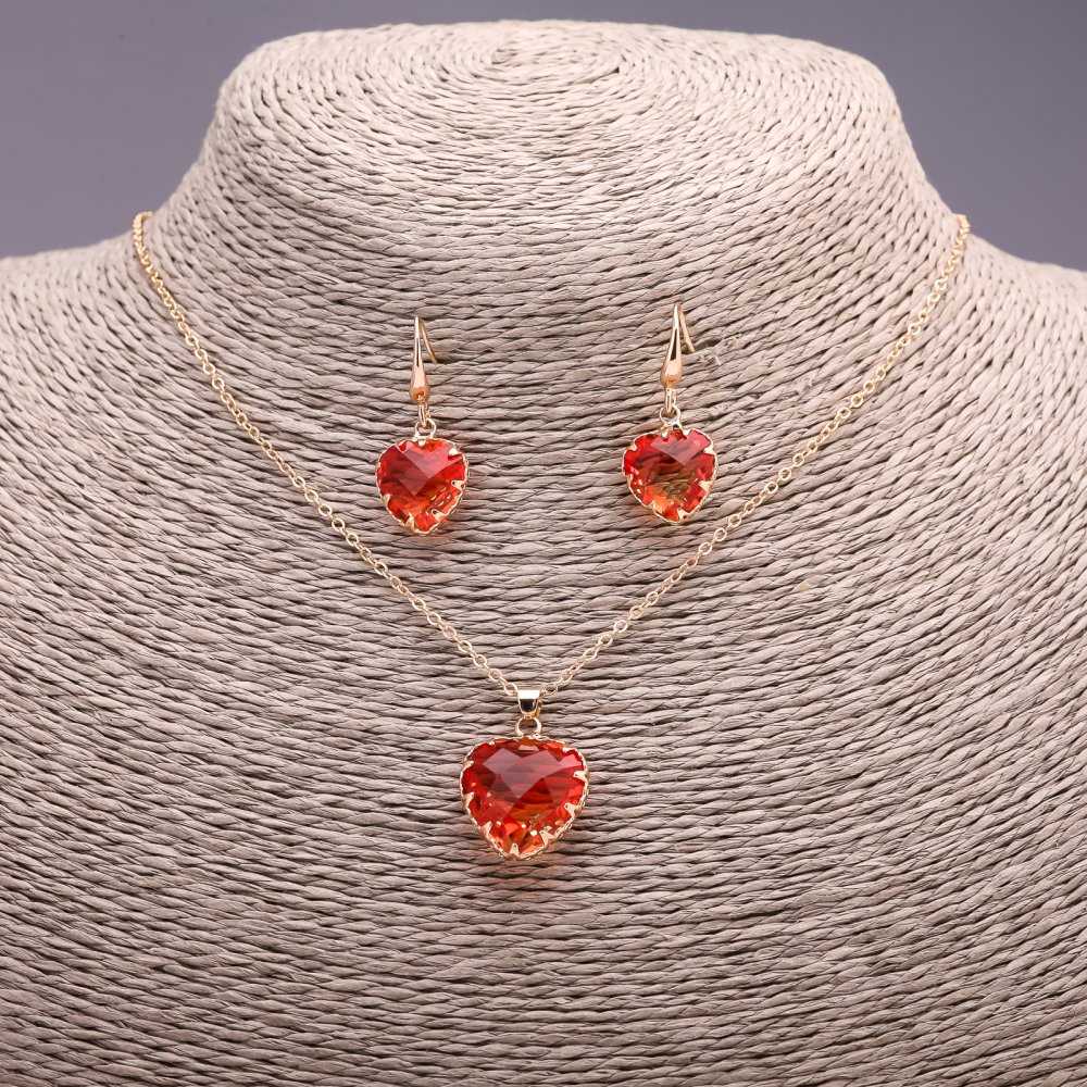 Heart Set with Crystals in Red and Yellow: Pendant 19x16 mm and Earrings 27x13 mm, 50 cm Chain