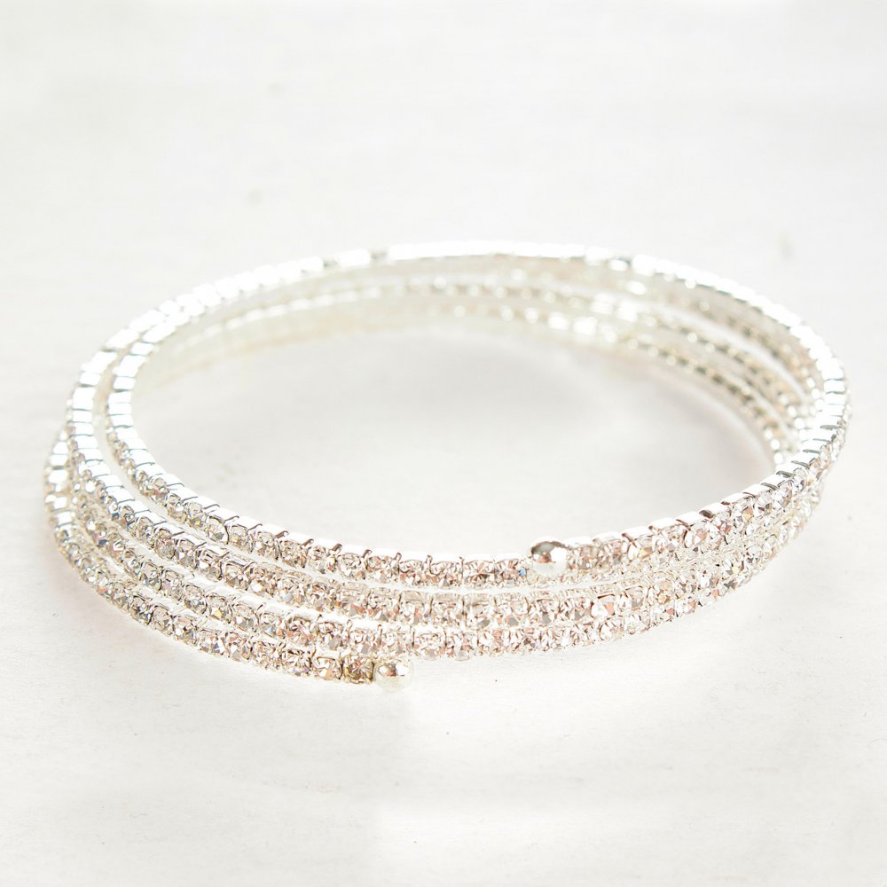 Slim spiral bracelet with three turns, small white crystals, 18-22 cm circumference
