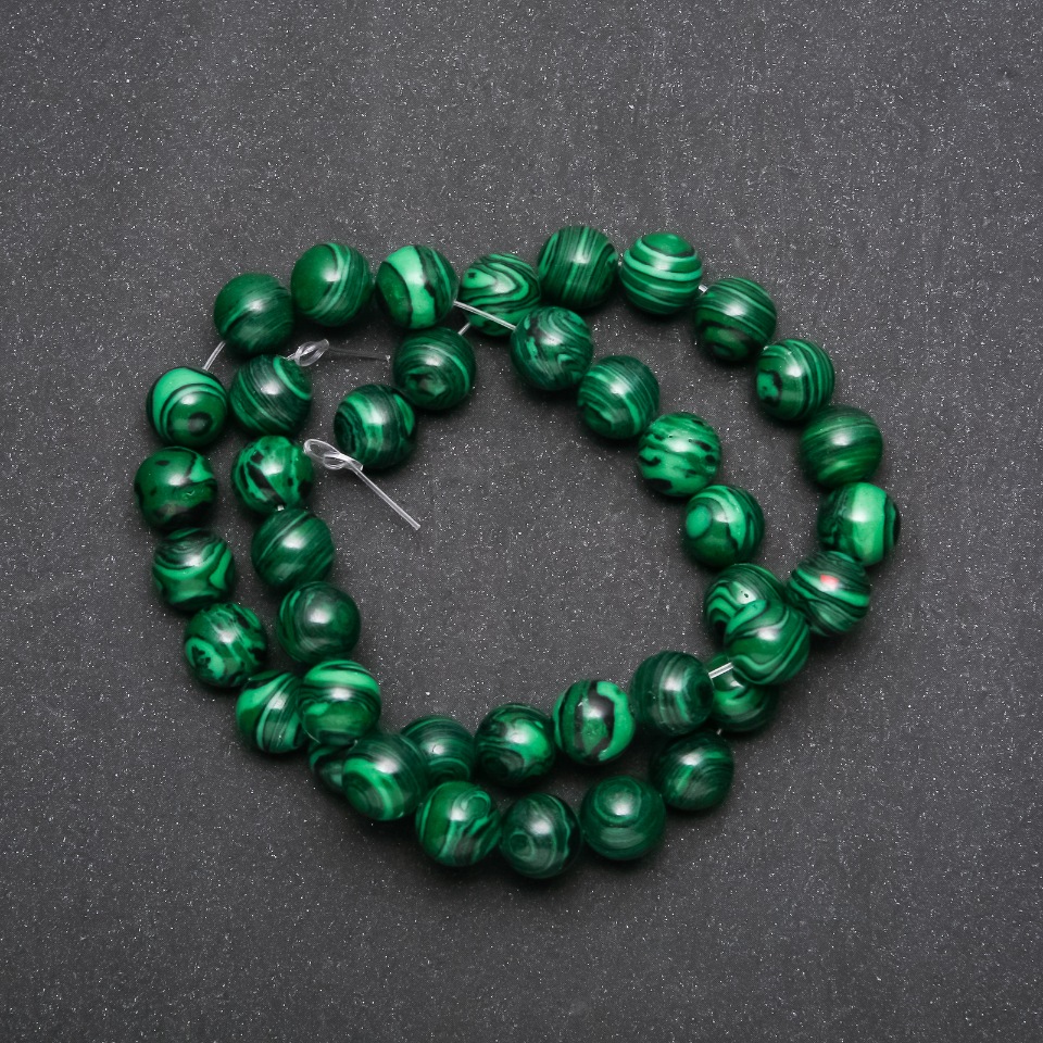 Imitation Malachite Beads on Thread, Smooth Round Beads, 10 mm Diameter, 38 cm Length