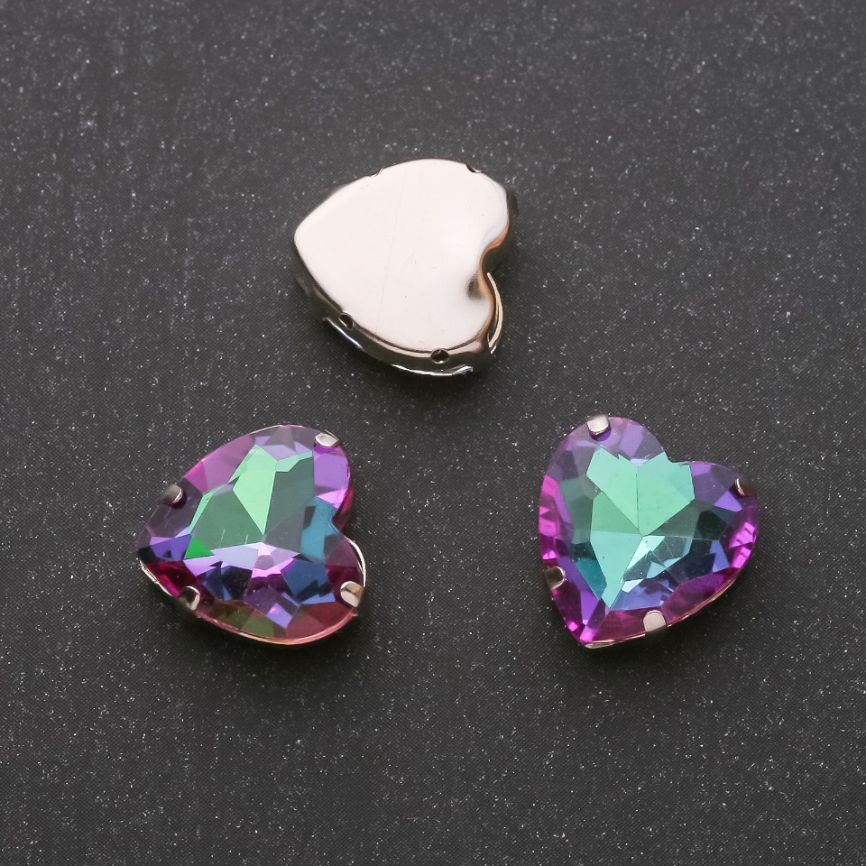 Price per pack / 10 pcs. Sew-on crystal on a heart-shaped pin, 14 mm, green-raspberry