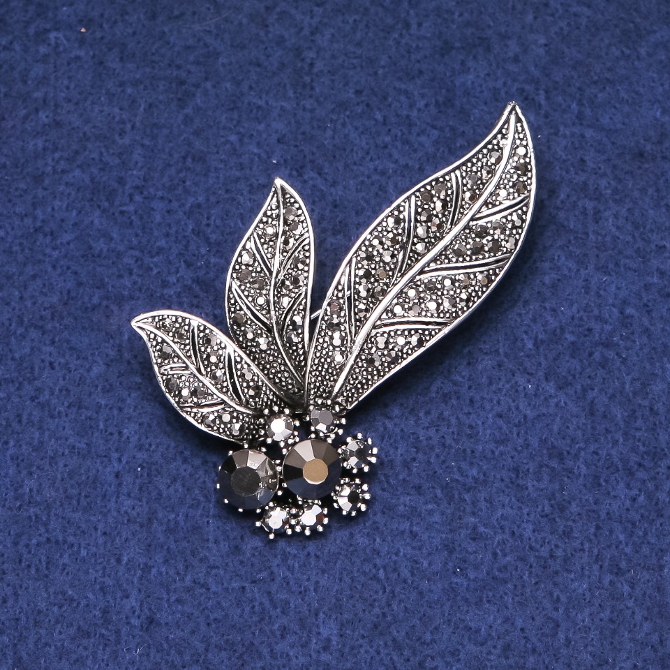 Brooch Leaves with Rhinestones, Grey Metal 60mm