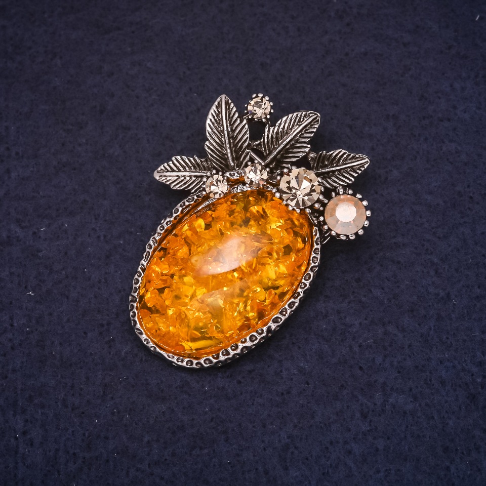 Amber Brooch (Synthetic), 45x31 mm, Yellow color, Gray metal, Silver-tone