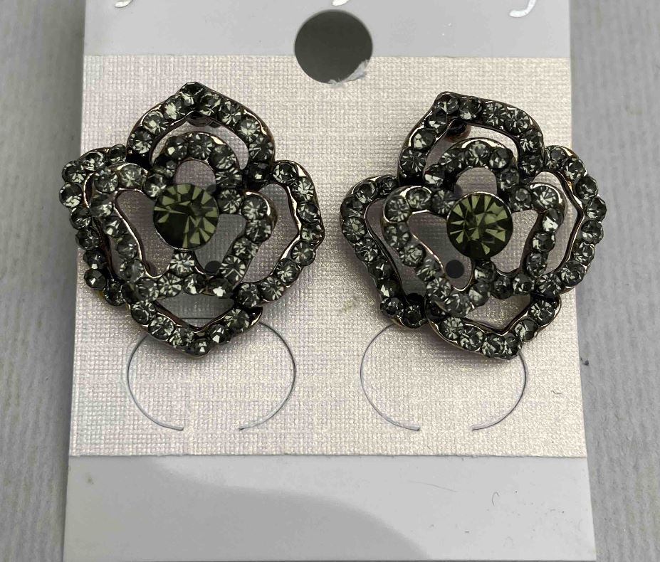 Rose Stud Earrings, Dark Crystals, Gold-Tone Metal, 20mm