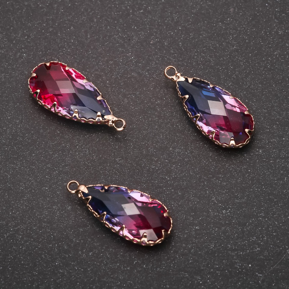 Pendant 'Drop' Blue-Raspberry Color, Gold-tone Setting 10x24mm