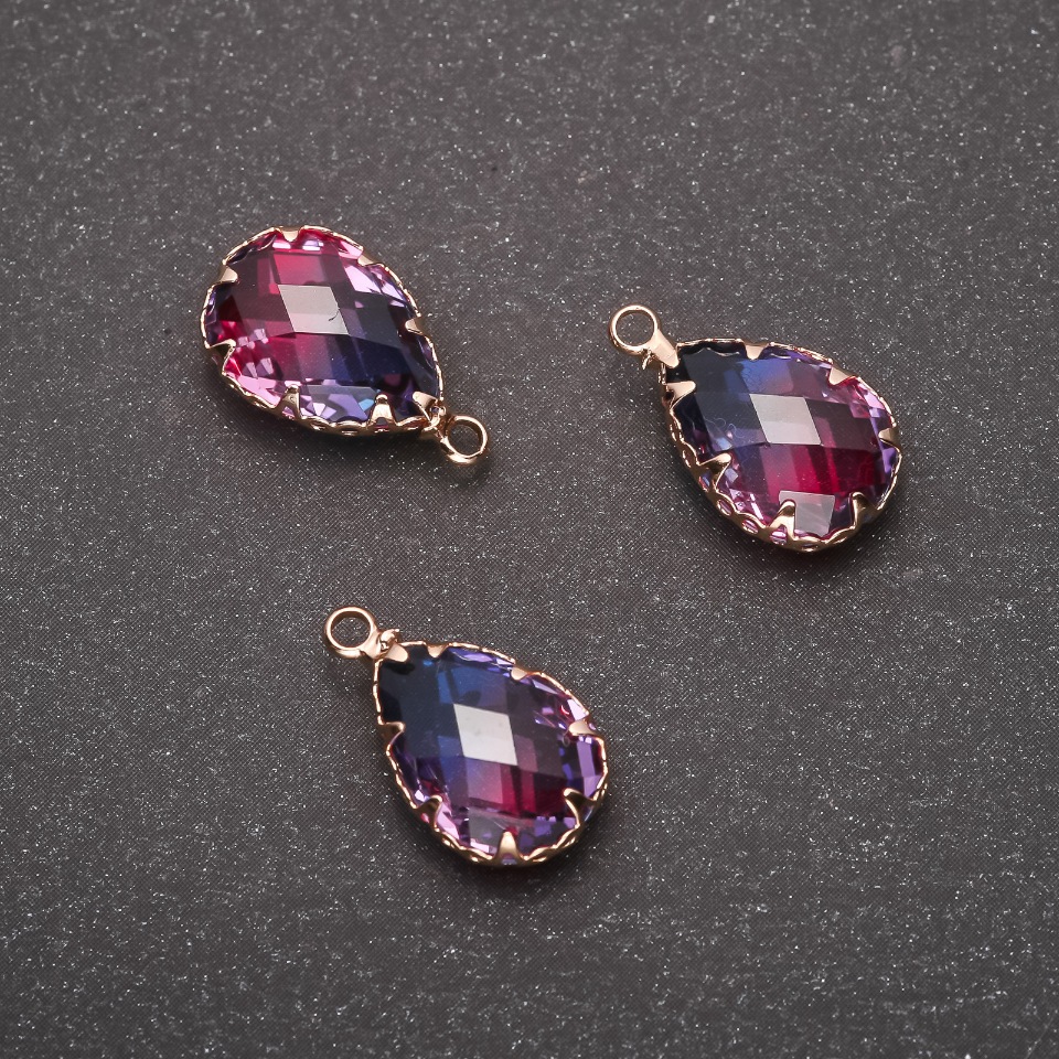 Pendant 'Drop' Blue-Pink Color, Gold-Tone Setting 10×17 mm