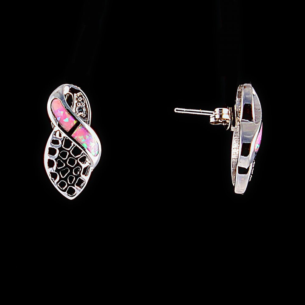 Сережки-пусети ажурні, вставка-рожевий опал(штучний)колір-срібло 20*10мм