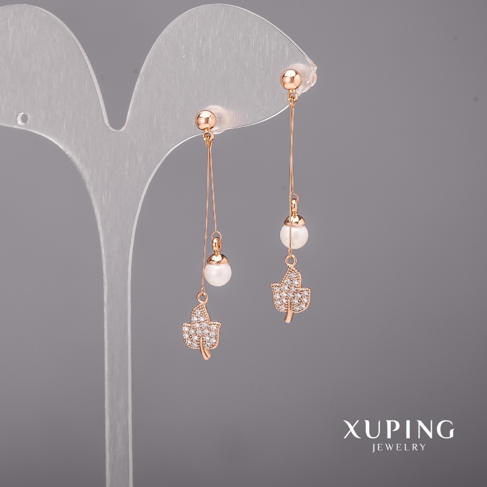 Xuping Earrings with White Stones and Majorca Pearls, 10x46 mm, 18K Gold Plating
