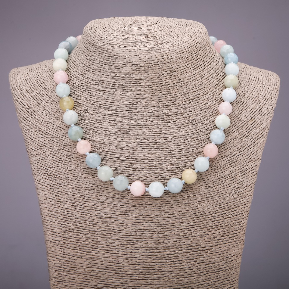 Morganite natural gemstone necklace with a smooth bead, 10(±)mm diameter, 45 cm length