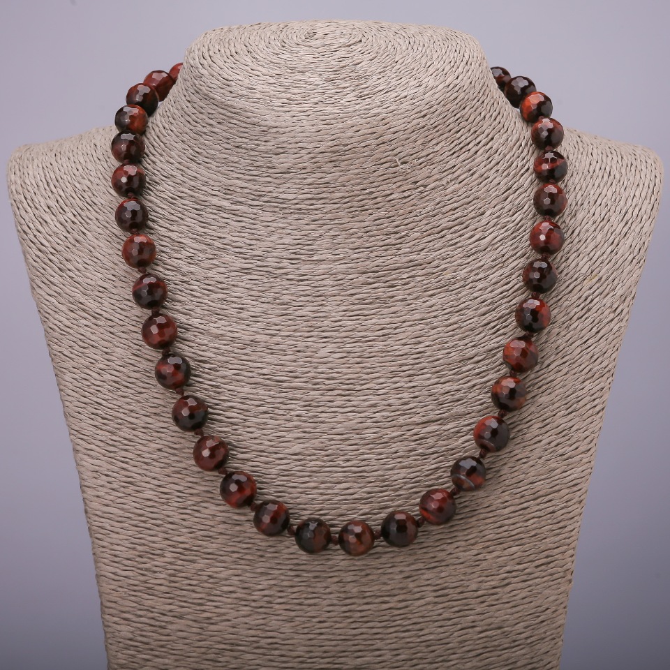 Natural Stone Bull's Eye Necklace with a Faceted Bead, Diameter 10(±)mm, Length 48 cm