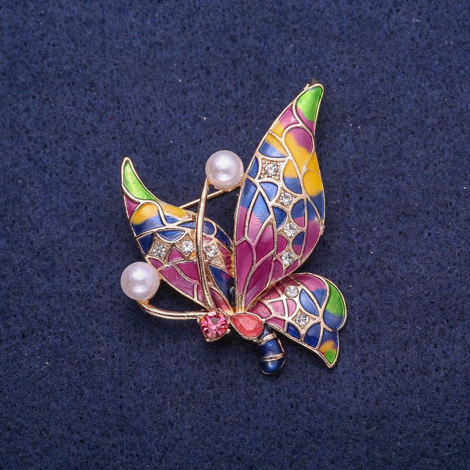 Butterfly Brooch with Enamel and Beads, Golden Metal, 44x44 mm