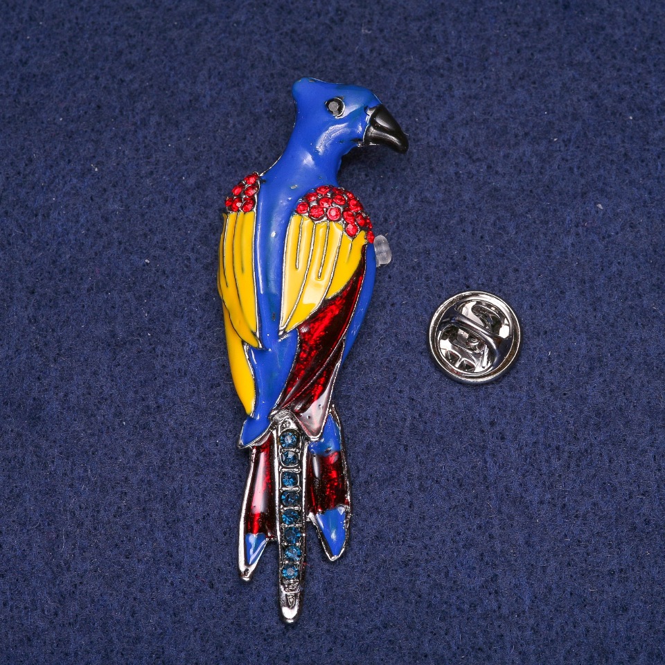 Parrot Brooch with Enamel and Crystals, Gray Metal 20x65mm