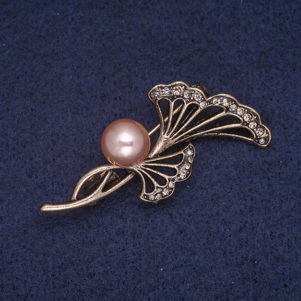 Flower Brooch with a Bead Center and Crystals, Chalk Antique Gold 26x50mm