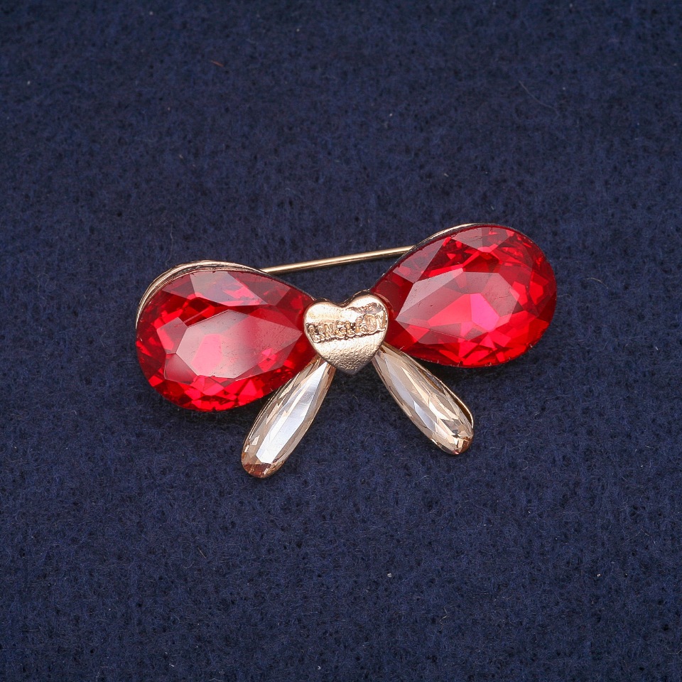 Bow Brooch with Crystals, Gold-Tone Metal 20x38mm