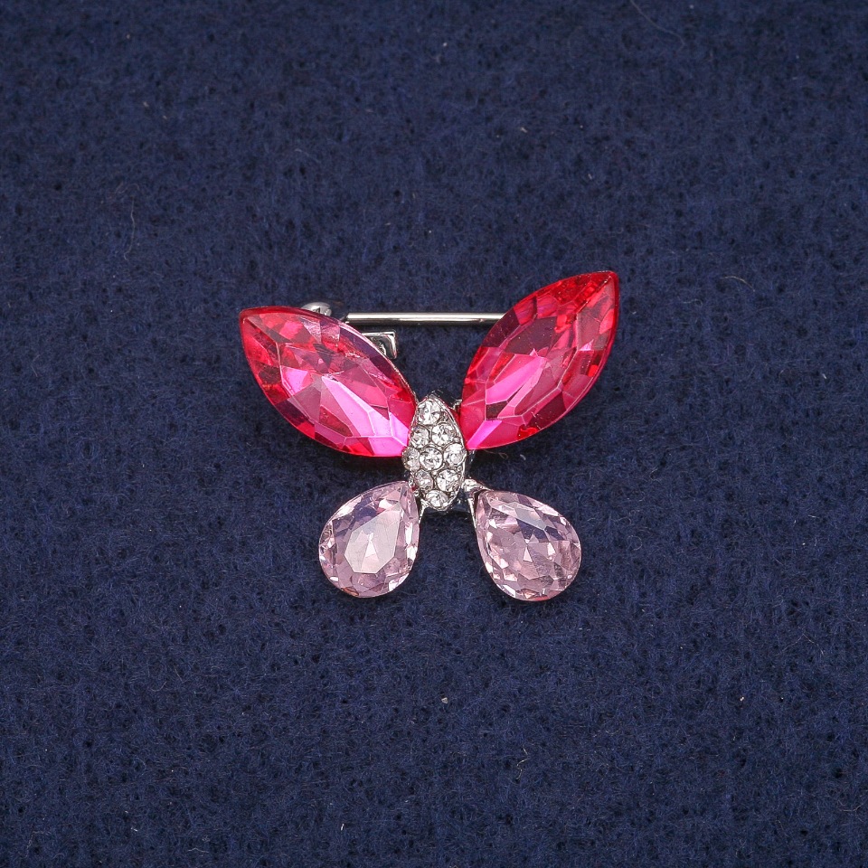 Butterfly Brooch with Crystals, Silver-Toned Metal 20x23 mm