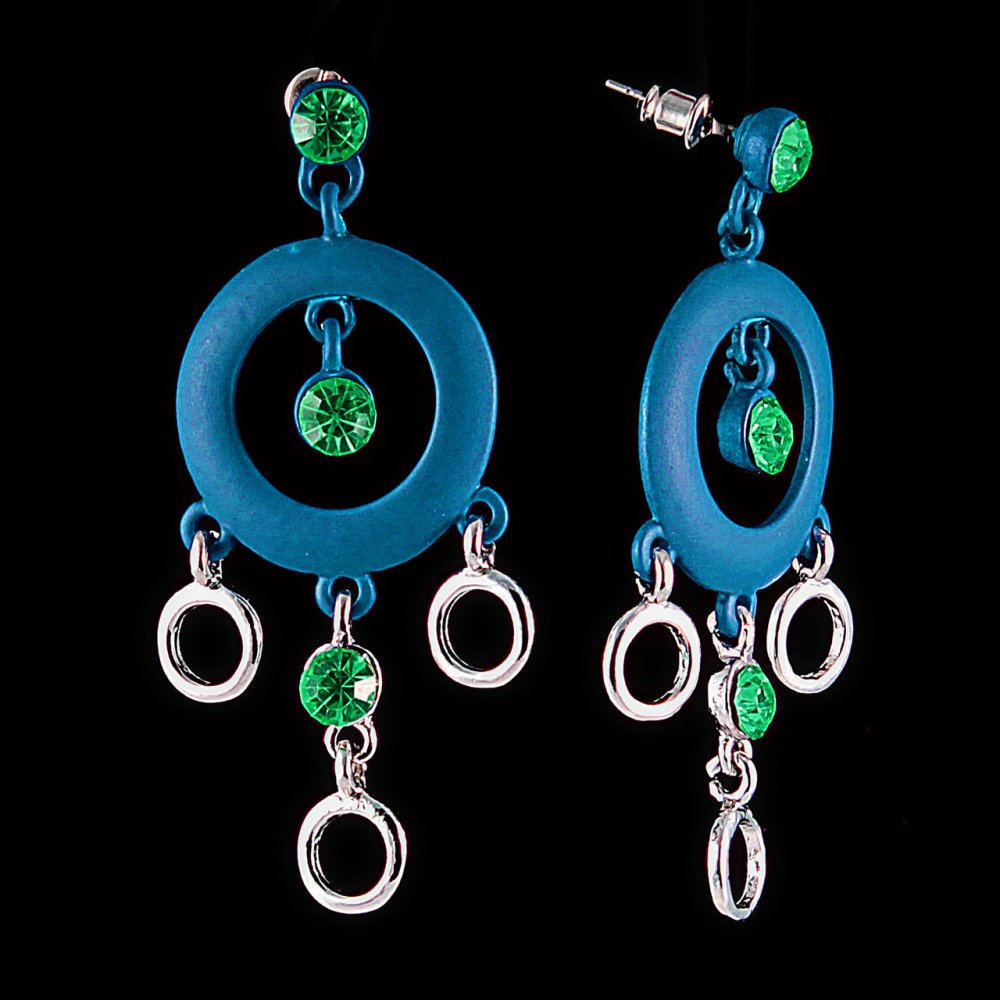 Stud earrings with green rhinestones and large blue hoops — silver-plated finish, 55 x 25 mm