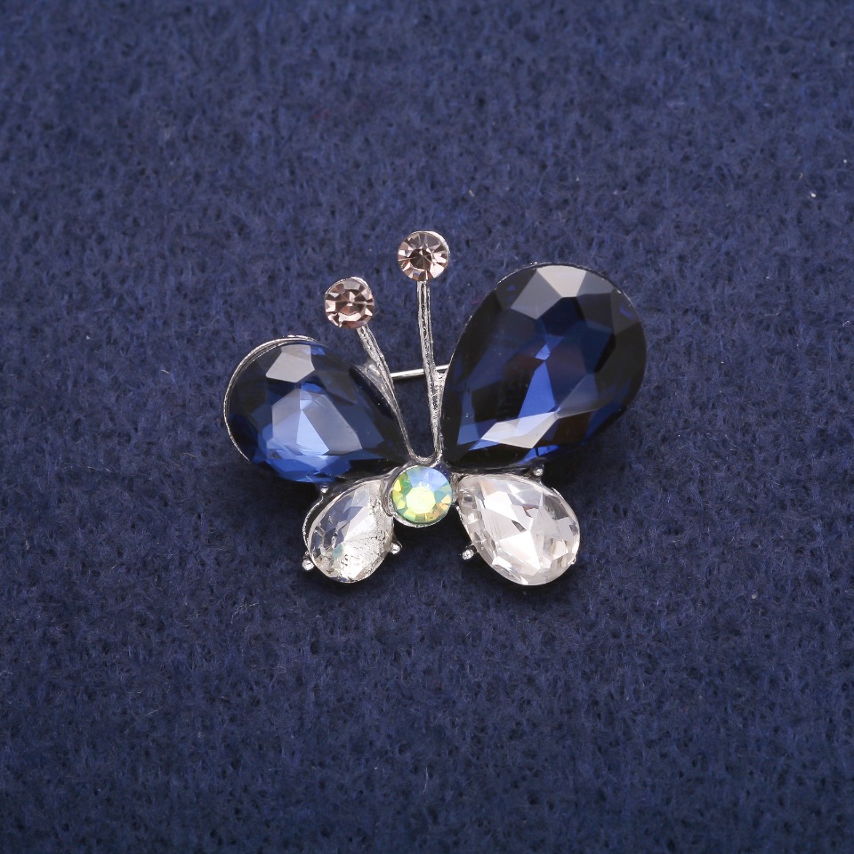 Butterfly Brooch with Crystals, Silver Metal, 26x31mm