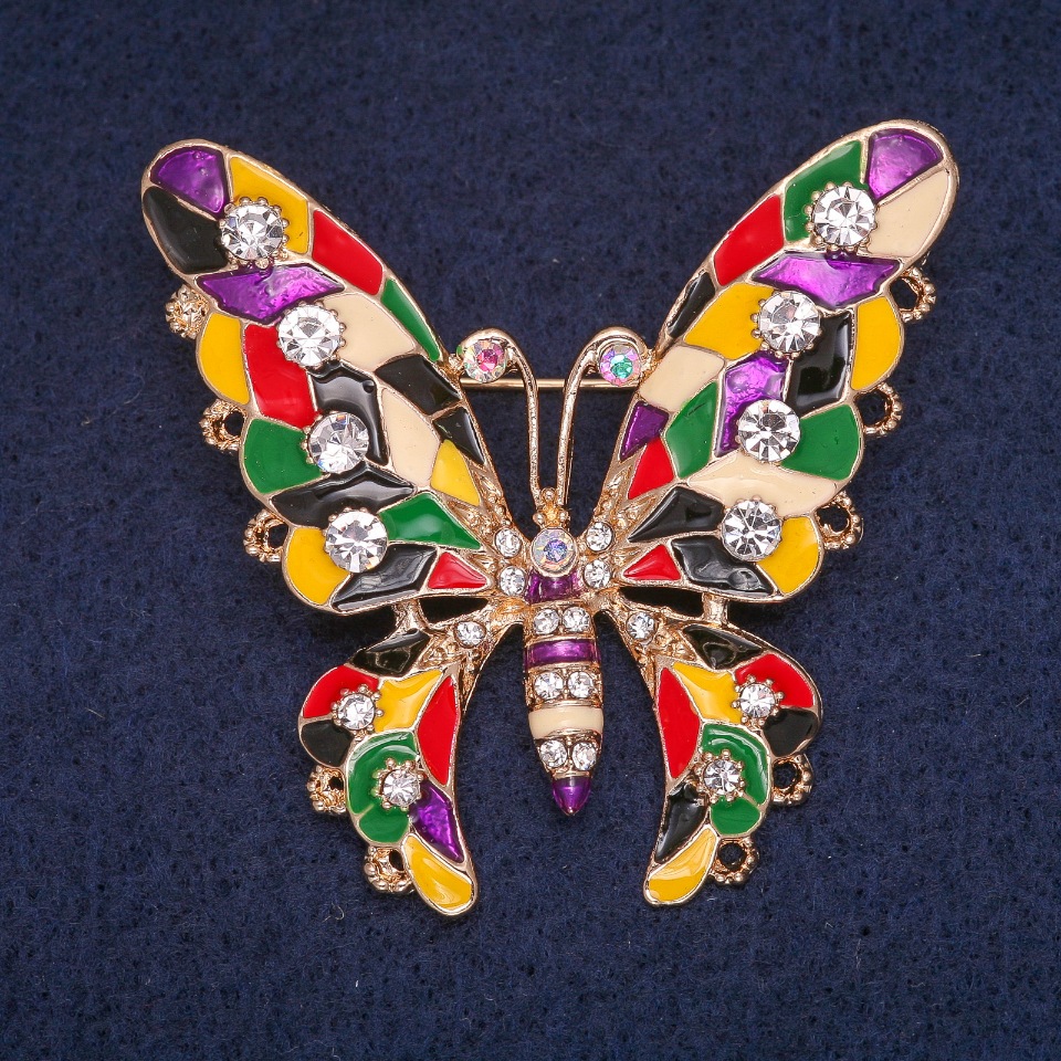 Butterfly Brooch with Colorful Enamel and Crystals, Gold-Toned Metal 53x47mm
