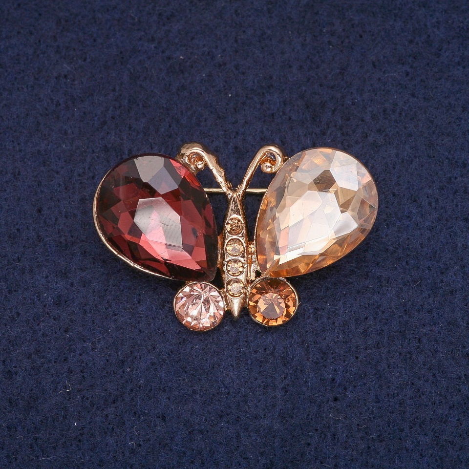 Butterfly Brooch with burgundy and champagne crystals, gold-tone metal 22x34 mm
