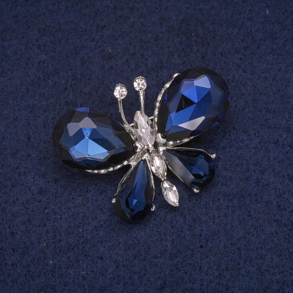 Butterfly Brooch with White and Blue Crystals, Silver-tone Metal 28x38mm